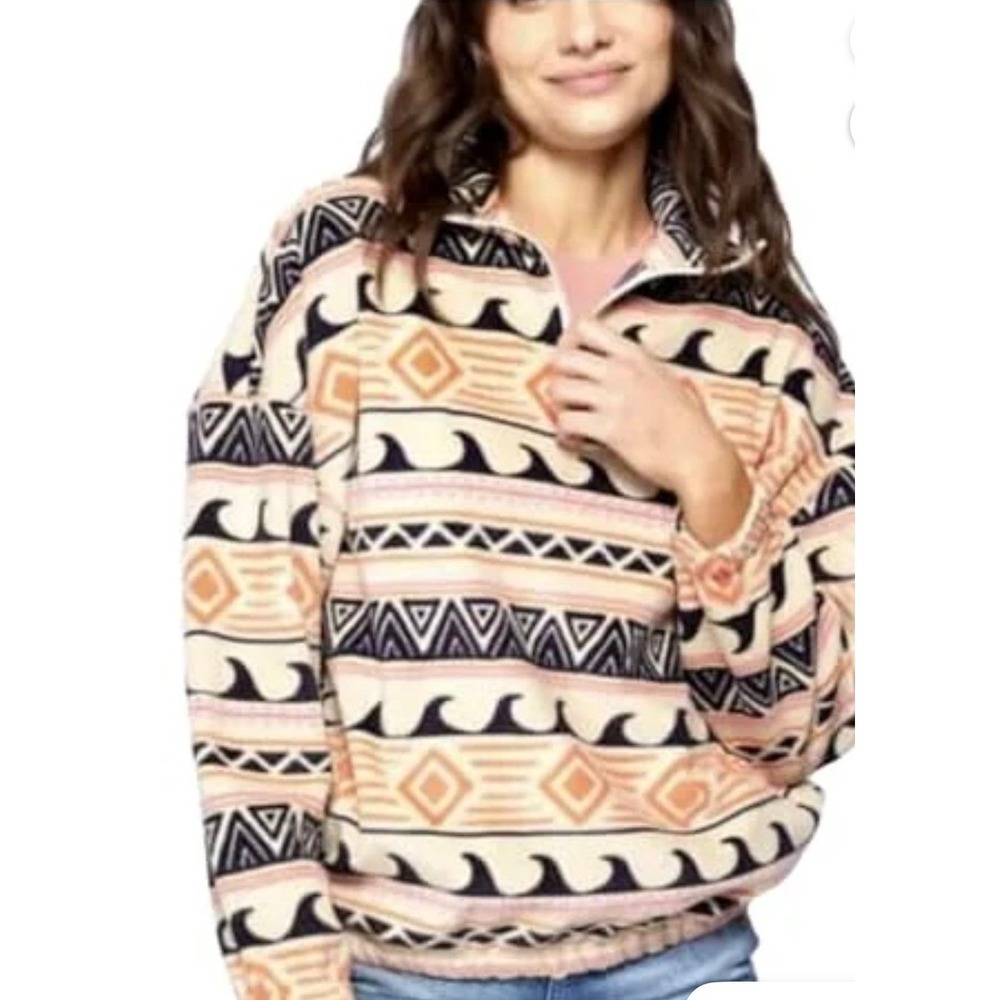 O'Neill Fleece Pullover Women XXL Cream Orange Quarter Zip Geometric Wave Print